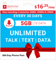 360-Day Red Pocket Prepaid Plans: Unlimited Talk & Text + 5GB Data / Month