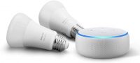 Echo Dot Smart Speaker (3rd Gen) + 2-Pack Philips Hue White A19 Smart Bulbs