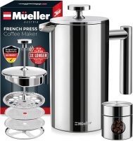 Amazon has Mueller French Press Heavier Duty Double Insulated 310 Stainless Steel Coffee Maker 4 Level Filtration% No Coffee Grounds Guarantee $18.97 after clip coupon