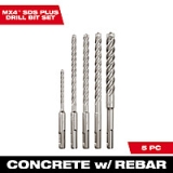 5-Piece Milwaukee 4-Cutter SDS+ MX4 Rotary Hammer Drill Bit Set