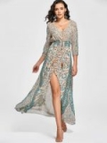 Vintage Style Plunging Neck 3/4 Sleeve Full Floral Print Elastic Waist Front Slit Women’s Maxi Dress-17% off